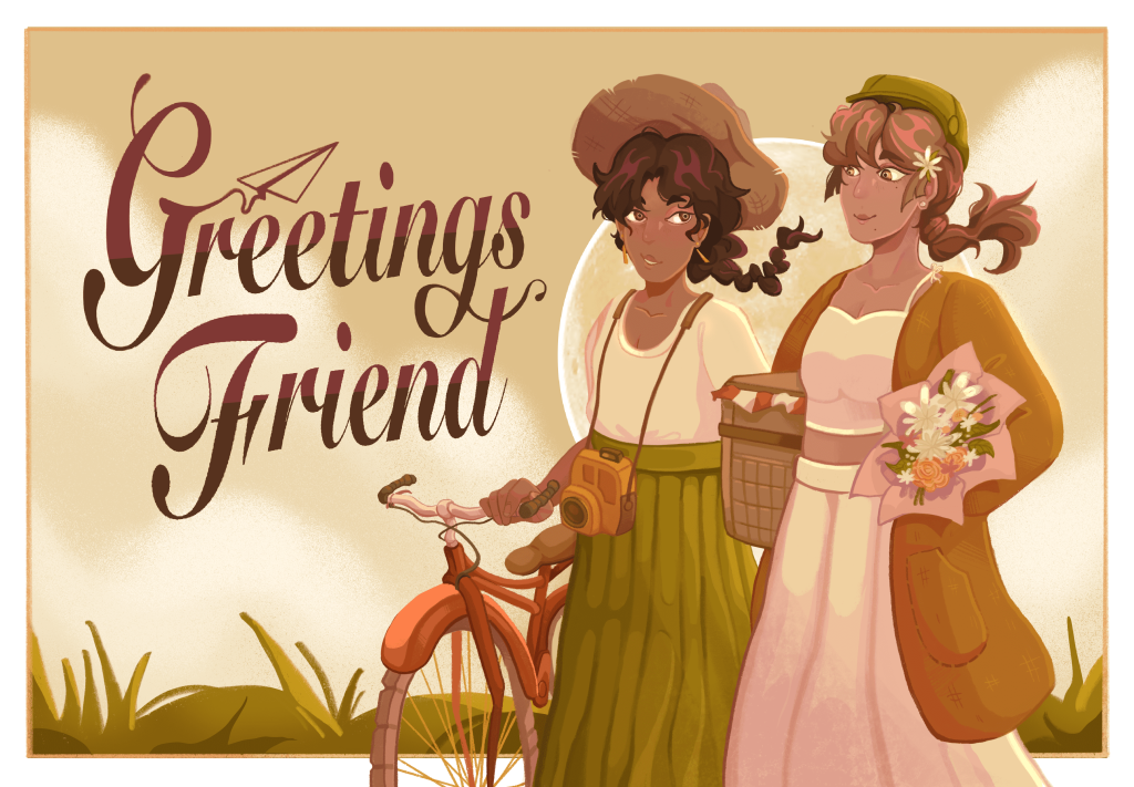 Greeting card of two girls going out for a picnic.