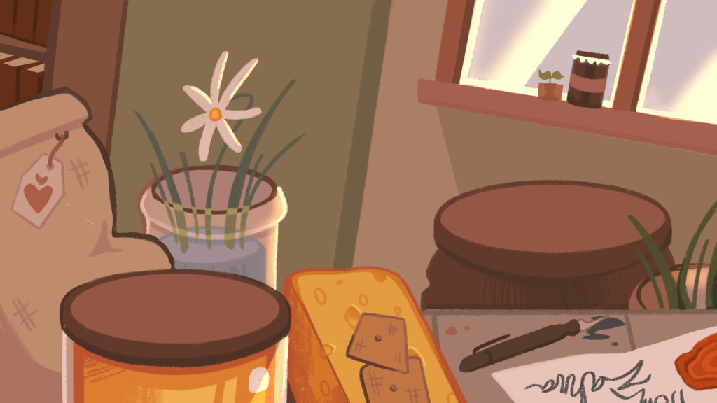 Illustration of a closeup of a pantry shelf, with jars, cheese, and a written note.